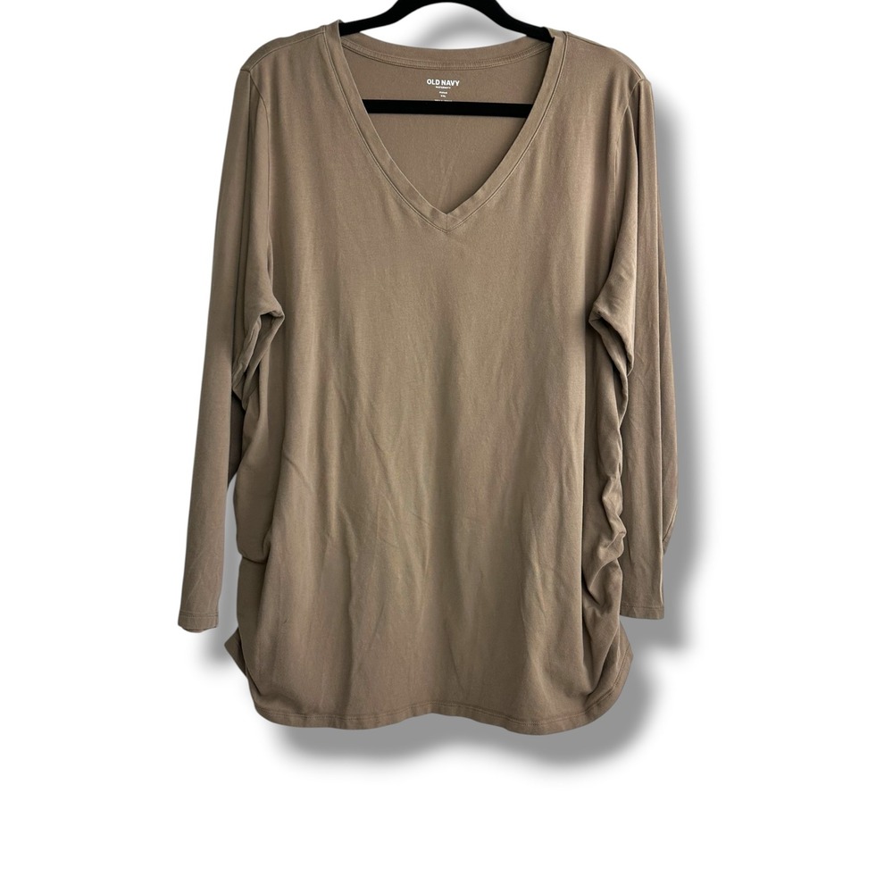 Old Navy Maternity XXL Brown V-Neck Side Ruched Long Sleeve Fitted Tee Shirt